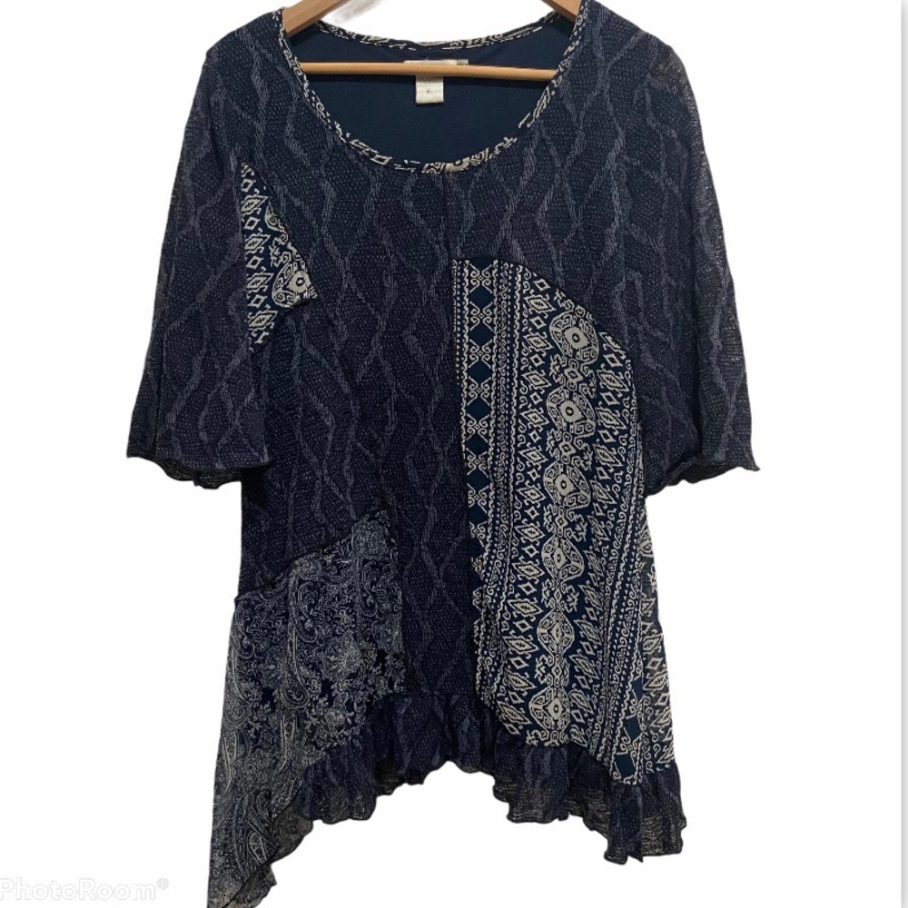 Feratelli Crochet Oriental Tunic Blouse Blue